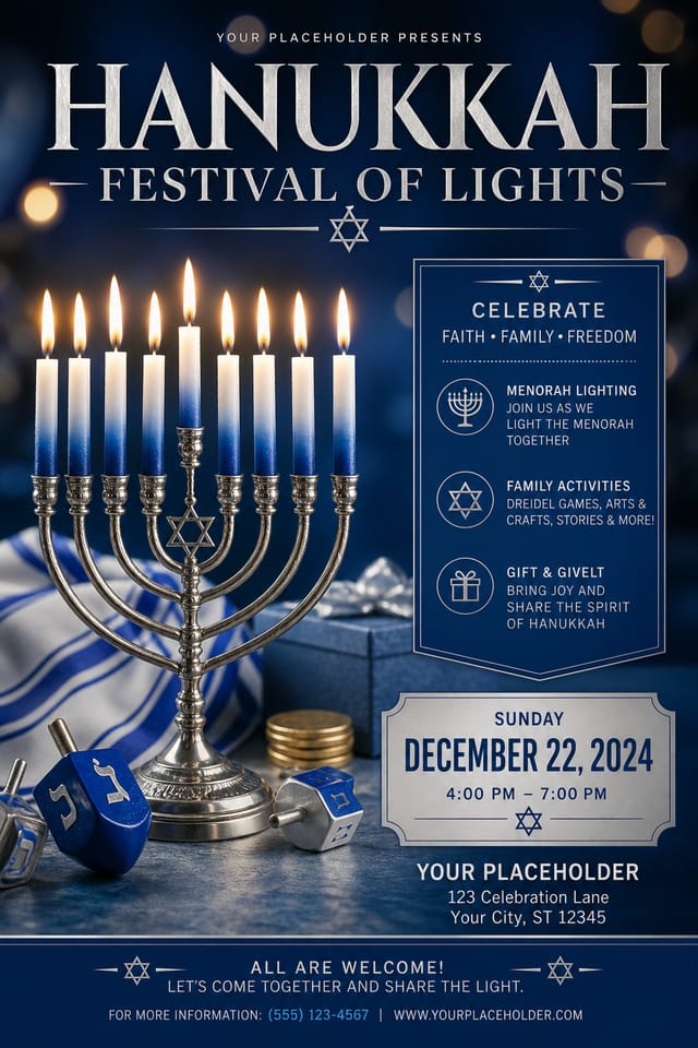 Hanukkah Flyer — photo-realistic style flyer, featuring menorah candles, Star of David, blue and silver palette, dreidels