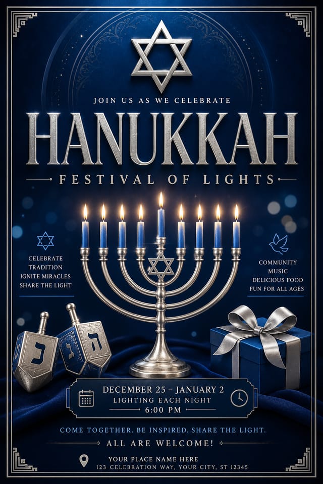 Hanukkah Flyer — elegant style flyer, featuring menorah candles, Star of David, blue and silver palette, dreidels