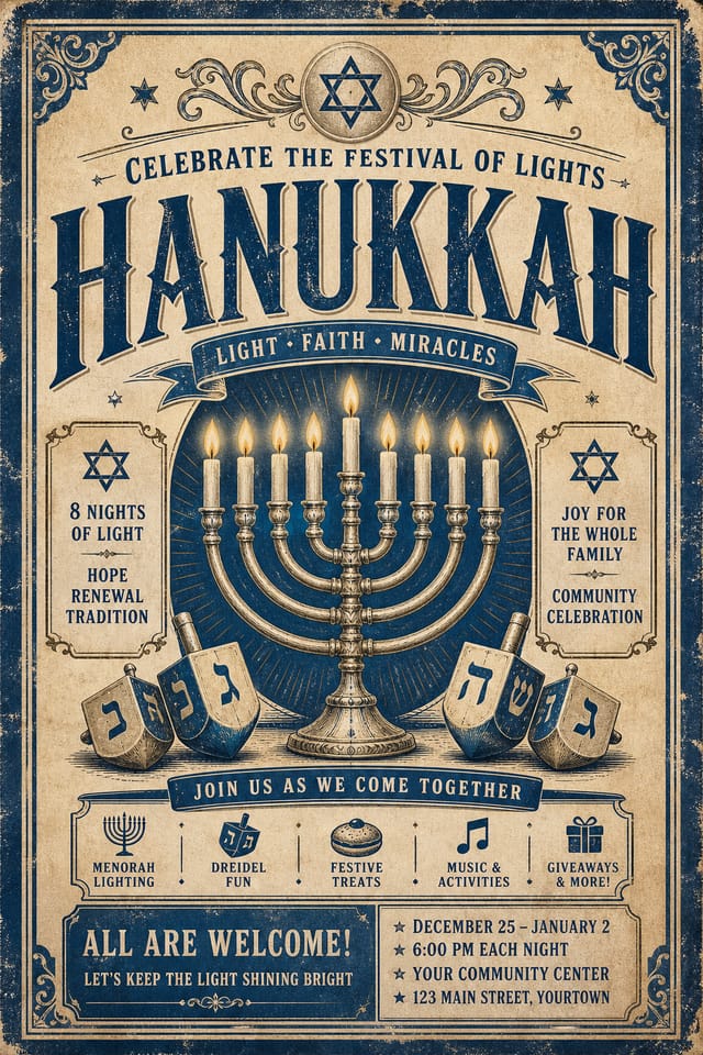 Hanukkah Flyer — vintage style flyer, featuring menorah candles, Star of David, blue and silver palette, dreidels