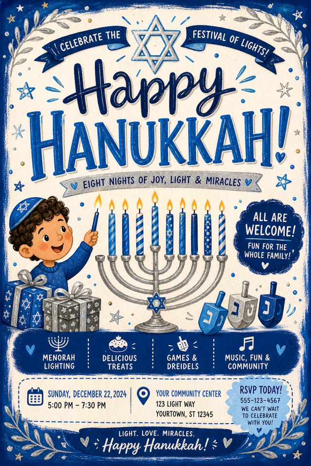 Hanukkah Flyer — illustration style flyer, featuring menorah candles, Star of David, blue and silver palette, dreidels
