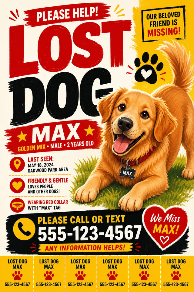 Lost Dog Flyer — vibrant style flyer, featuring friendly dog illustration, playful pose, warm palette