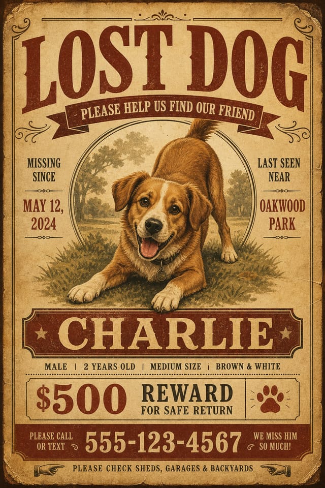 Lost Dog Flyer — vintage style flyer, featuring friendly dog illustration, playful pose, warm palette