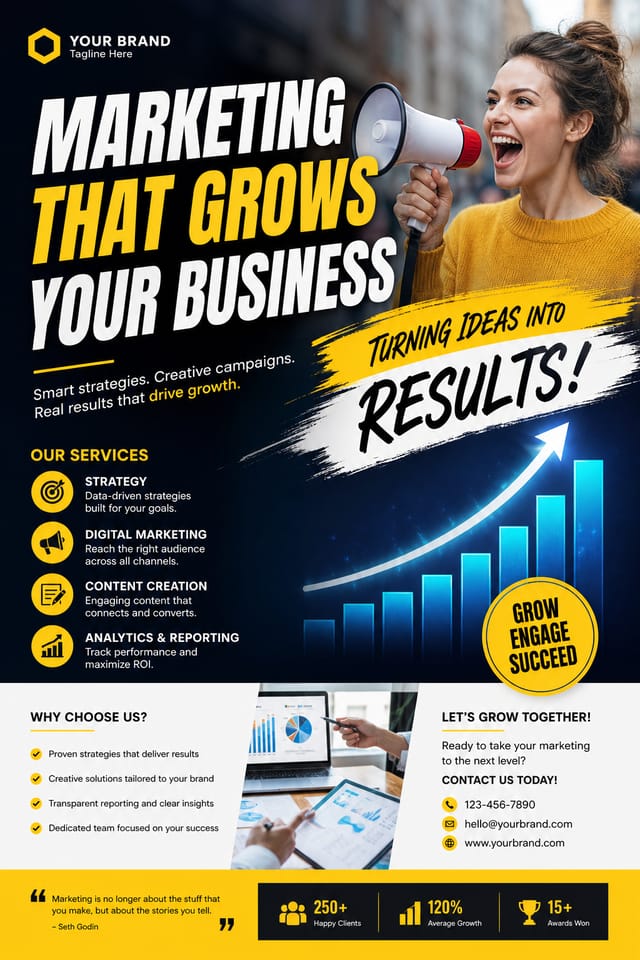 Marketing Flyer — photo-realistic style flyer, featuring megaphone, growth charts, dynamic typography, vibrant palette