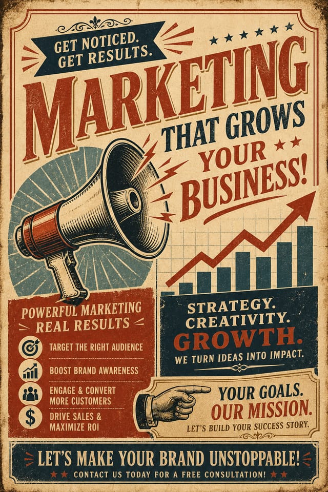 Marketing Flyer — vintage style flyer, featuring megaphone, growth charts, dynamic typography, vibrant palette