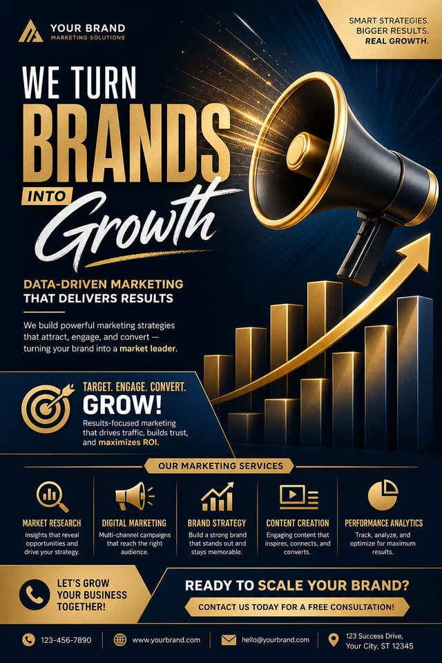 Marketing Flyer — elegant style flyer, featuring megaphone, growth charts, dynamic typography, vibrant palette