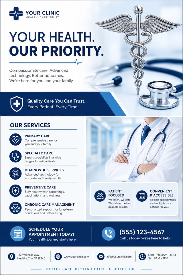 Medical Flyer — corporate style flyer, featuring caduceus, stethoscope, clean white/blue palette, healthcare imagery
