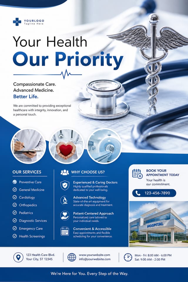 Medical Flyer — photo-realistic style flyer, featuring caduceus, stethoscope, clean white/blue palette, healthcare imagery