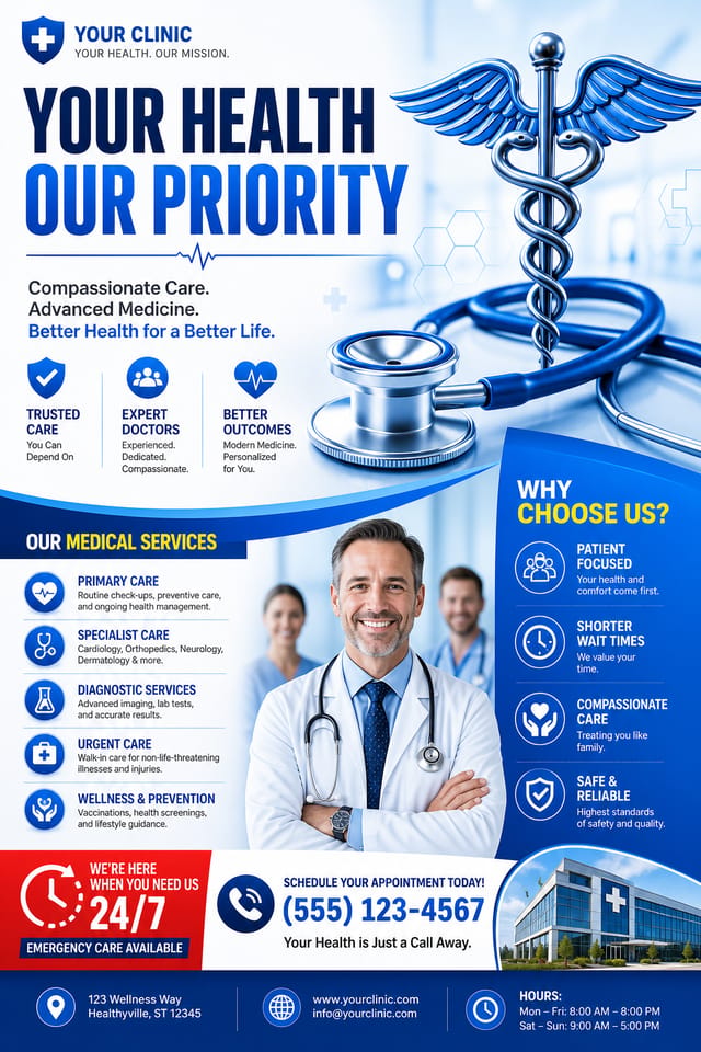 Medical Flyer — vibrant style flyer, featuring caduceus, stethoscope, clean white/blue palette, healthcare imagery