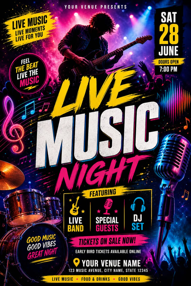 Music Flyer — vibrant style flyer, featuring musical notes, instruments, sound waves, performance imagery