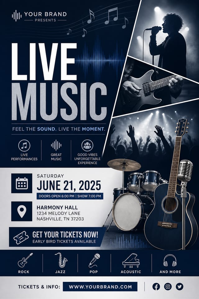Music Flyer — corporate style flyer, featuring musical notes, instruments, sound waves, performance imagery