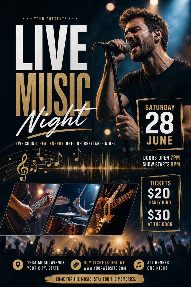 Music Flyer — photo-realistic style flyer, featuring musical notes, instruments, sound waves, performance imagery