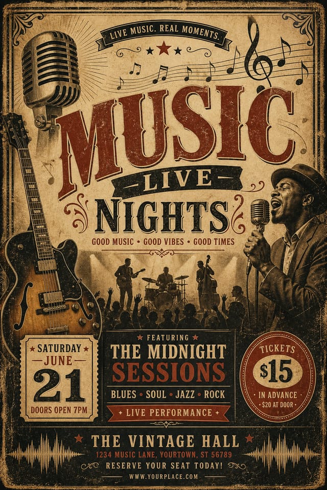 Music Flyer — vintage style flyer, featuring musical notes, instruments, sound waves, performance imagery