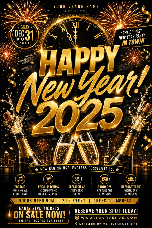New Year Flyer — vibrant style flyer, featuring fireworks, champagne, gold and black palette, celebratory typography