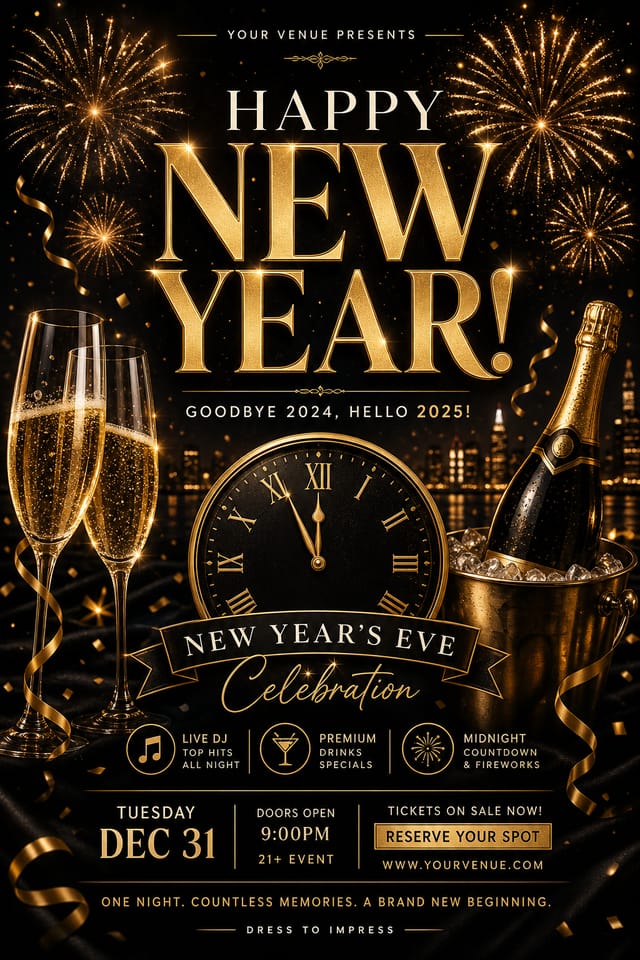 New Year Flyer — elegant style flyer, featuring fireworks, champagne, gold and black palette, celebratory typography