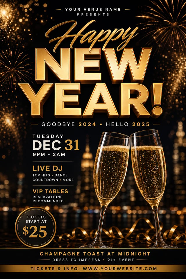 New Year Flyer — photo-realistic style flyer, featuring fireworks, champagne, gold and black palette, celebratory typography