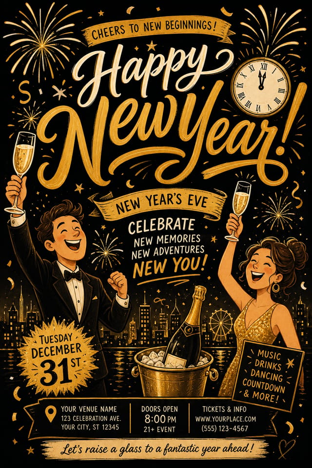 New Year Flyer — illustration style flyer, featuring fireworks, champagne, gold and black palette, celebratory typography
