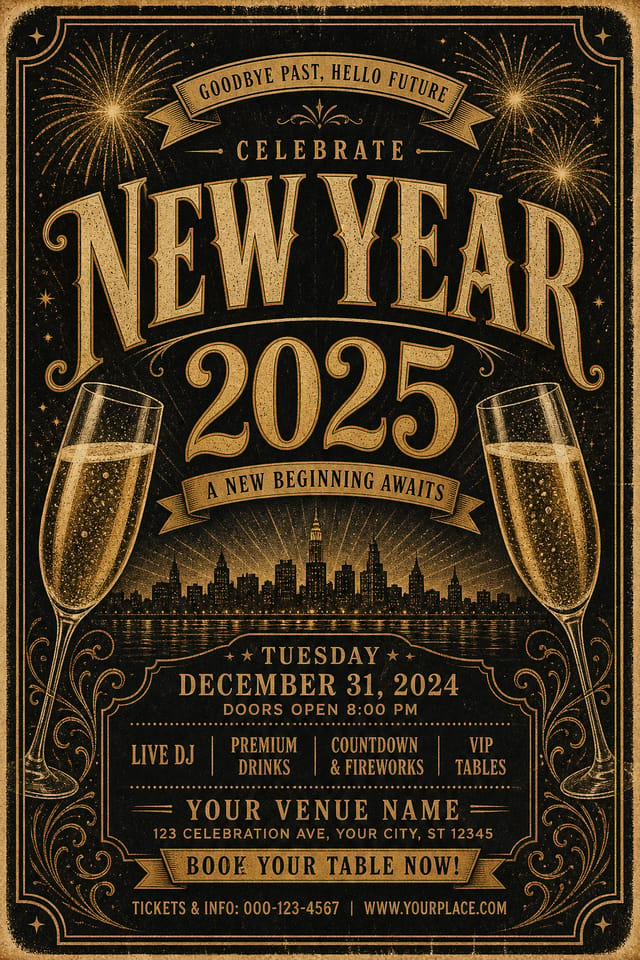 New Year Flyer — vintage style flyer, featuring fireworks, champagne, gold and black palette, celebratory typography