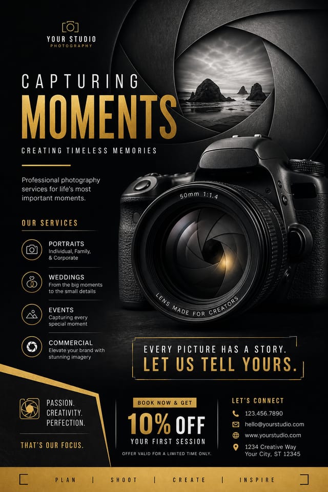 Photography Flyer — elegant style flyer, featuring camera, aperture iris, shutter, monochrome with one accent color