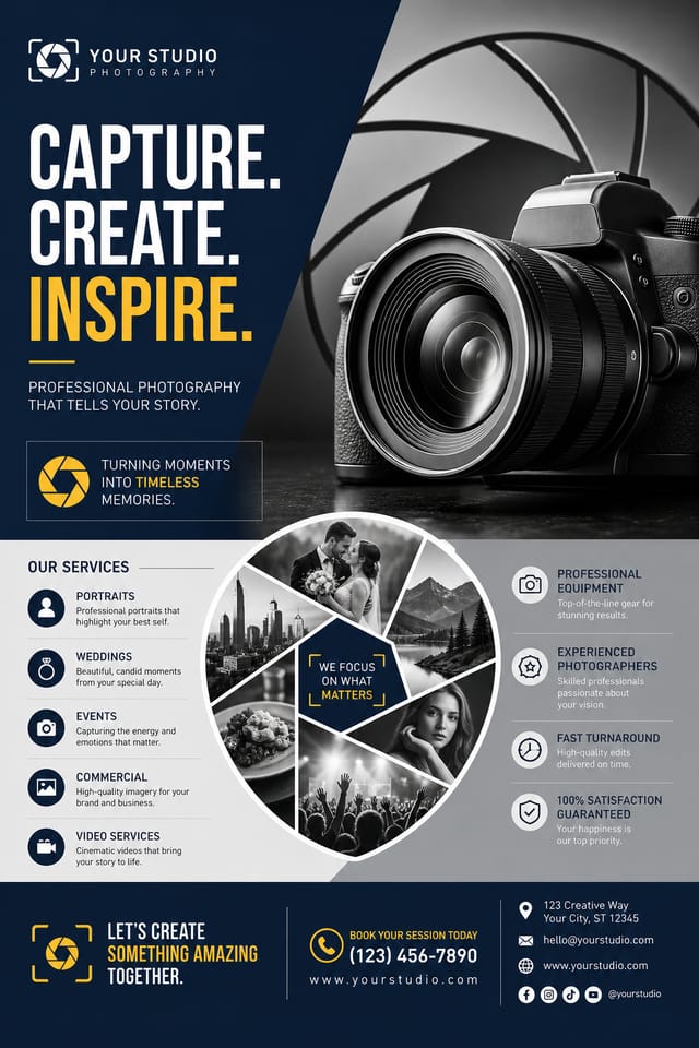 Photography Flyer — corporate style flyer, featuring camera, aperture iris, shutter, monochrome with one accent color