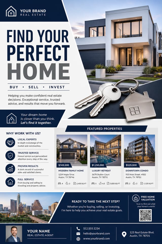 Real Estate Flyer — corporate style flyer, featuring houses, keys, modern architecture, navy and grey palette, professional