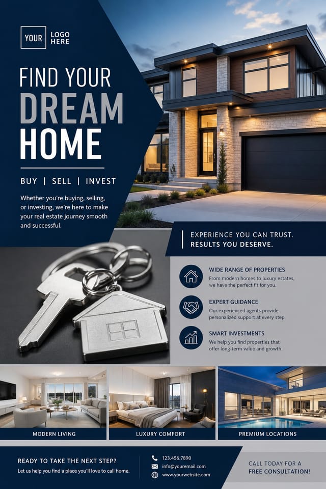 Real Estate Flyer — photo-realistic style flyer, featuring houses, keys, modern architecture, navy and grey palette, professional