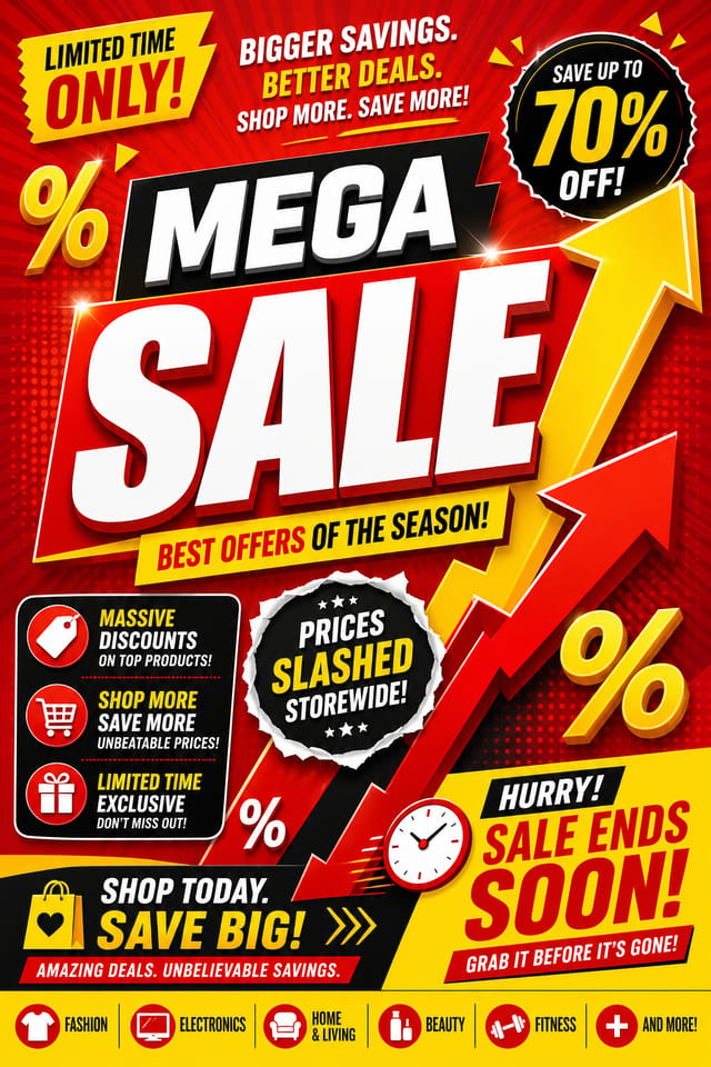 Sales Flyer — vibrant style flyer, featuring growth arrows, percentage symbols, bold sale typography, red/yellow accents