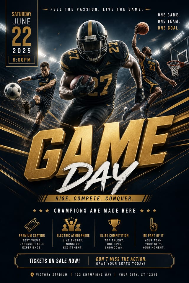 Sports Flyer — elegant style flyer, featuring athletic action poses, stadium imagery, dynamic motion lines