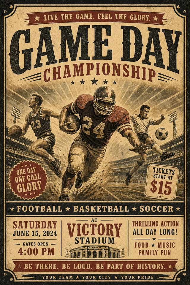 Sports Flyer — vintage style flyer, featuring athletic action poses, stadium imagery, dynamic motion lines