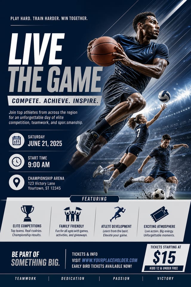 Sports Flyer — corporate style flyer, featuring athletic action poses, stadium imagery, dynamic motion lines
