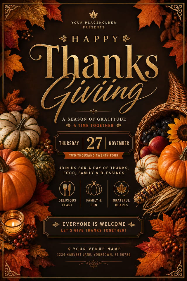 Thanksgiving Flyer — elegant style flyer, featuring autumn harvest, pumpkins, fall leaves, warm browns and oranges, cornucopia