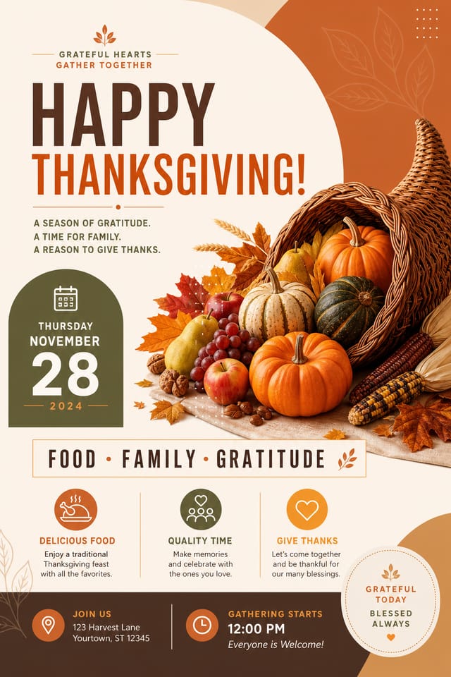Thanksgiving Flyer — modern style flyer, featuring autumn harvest, pumpkins, fall leaves, warm browns and oranges, cornucopia
