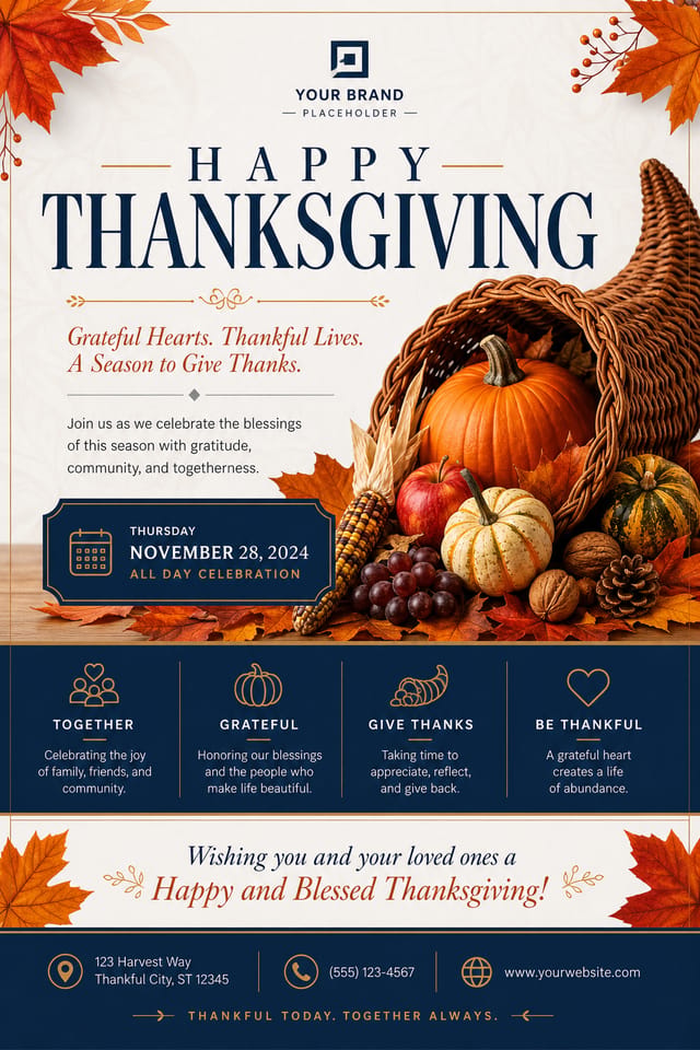 Thanksgiving Flyer — corporate style flyer, featuring autumn harvest, pumpkins, fall leaves, warm browns and oranges, cornucopia