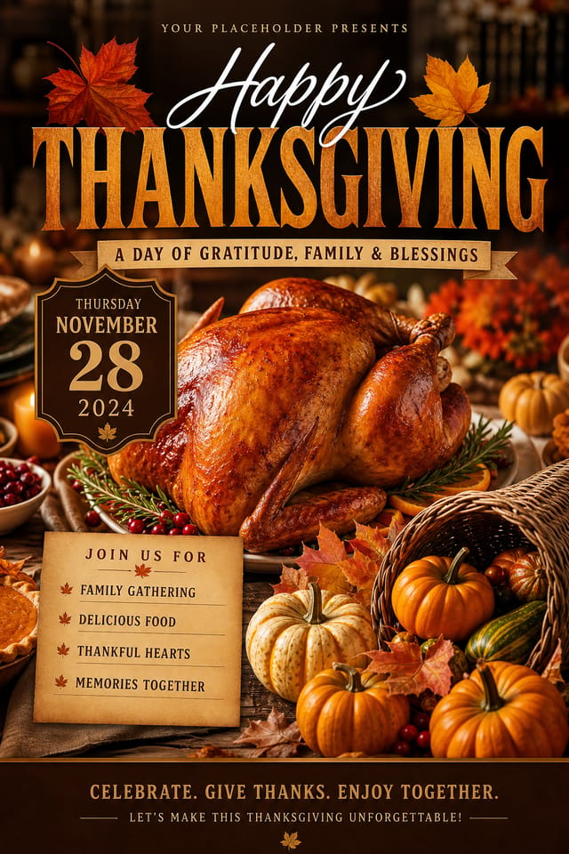 Thanksgiving Flyer — photo-realistic style flyer, featuring autumn harvest, pumpkins, fall leaves, warm browns and oranges, cornucopia