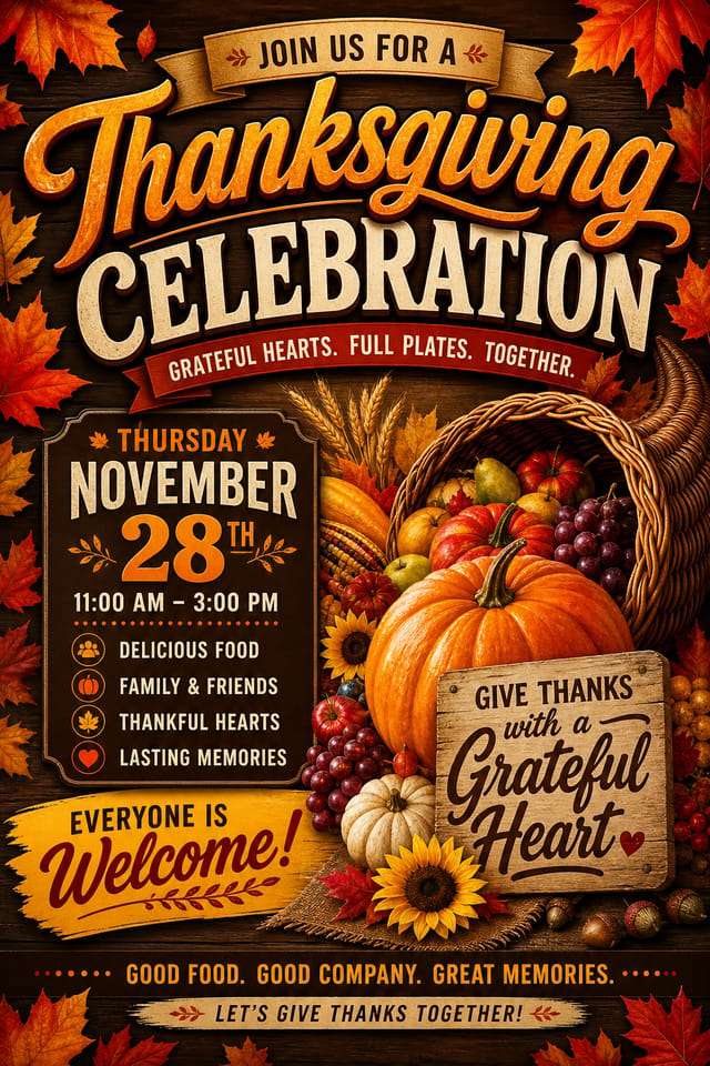 Thanksgiving Flyer — vibrant style flyer, featuring autumn harvest, pumpkins, fall leaves, warm browns and oranges, cornucopia