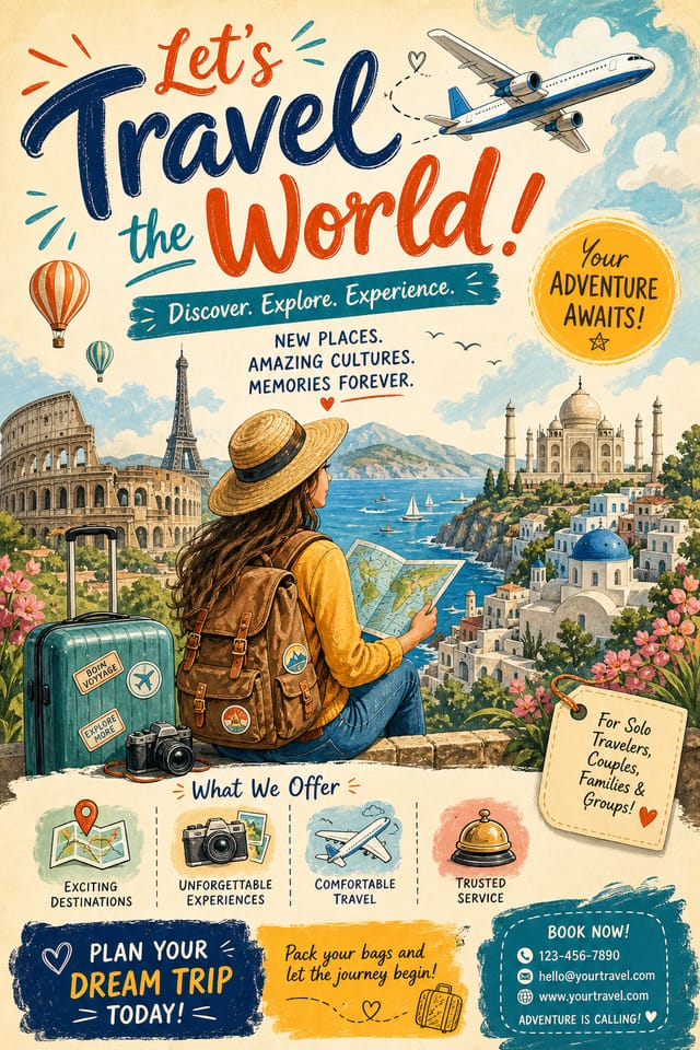 Travel & Tourism Flyer — illustration style flyer, featuring landmarks, suitcase, plane, scenic vistas