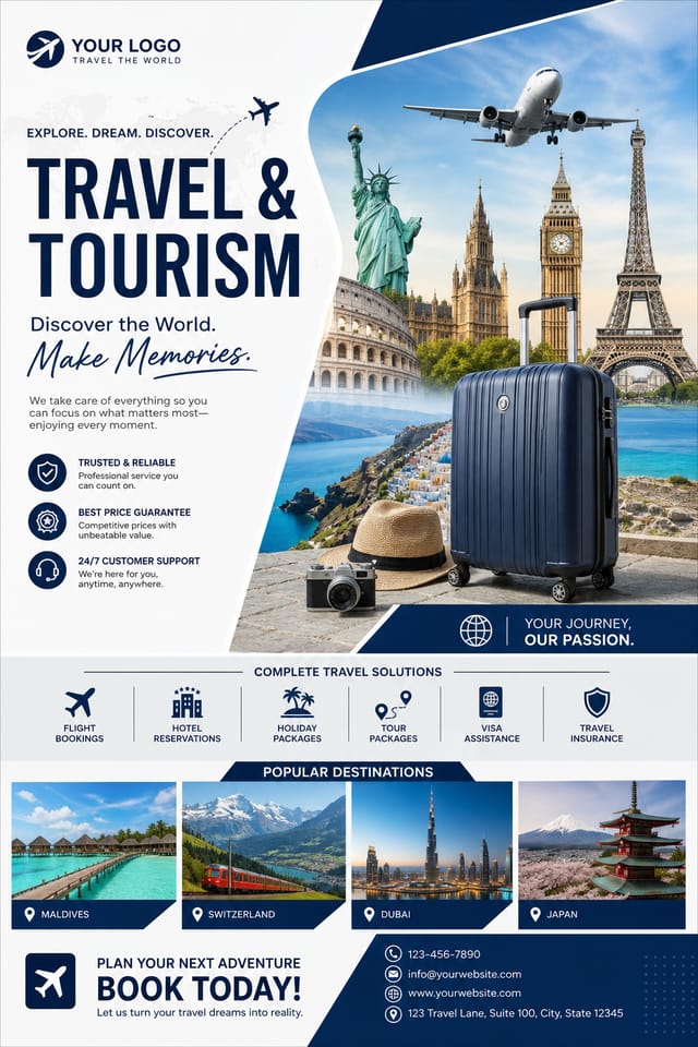 Travel & Tourism Flyer — corporate style flyer, featuring landmarks, suitcase, plane, scenic vistas