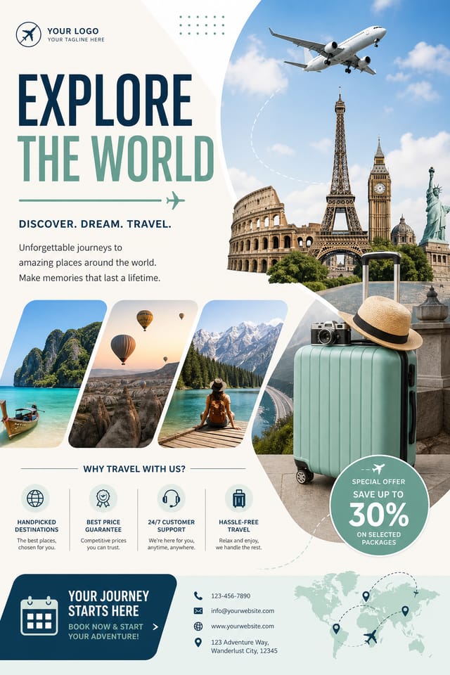 Travel & Tourism Flyer — modern style flyer, featuring landmarks, suitcase, plane, scenic vistas