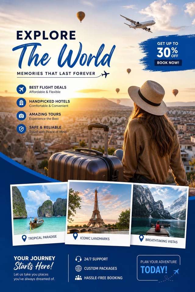 Travel & Tourism Flyer — photo-realistic style flyer, featuring landmarks, suitcase, plane, scenic vistas