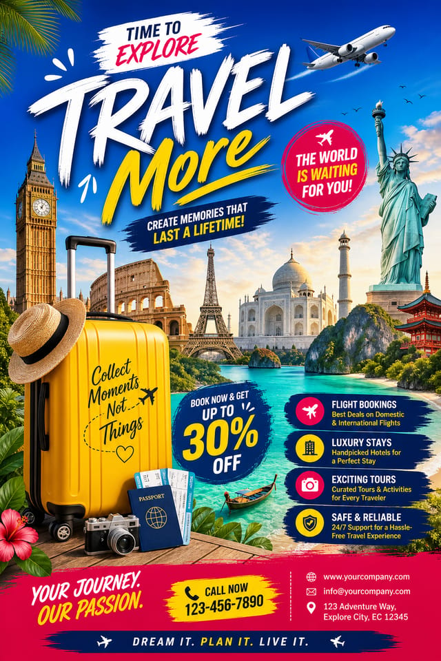 Travel & Tourism Flyer — vibrant style flyer, featuring landmarks, suitcase, plane, scenic vistas