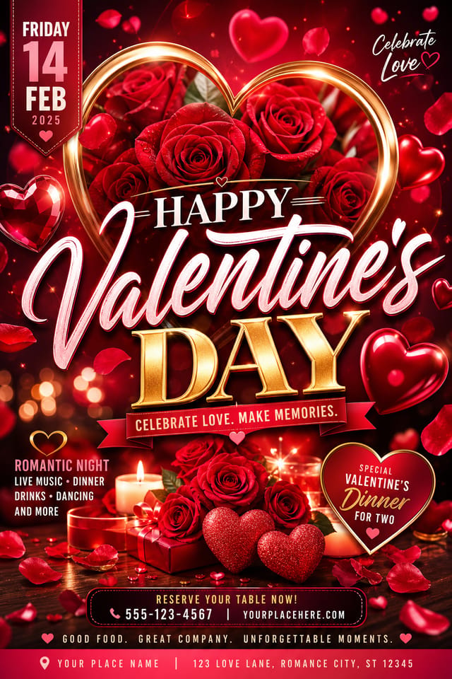 Valentines Day Flyer — vibrant style flyer, featuring red roses, hearts, romantic palette, love-themed imagery