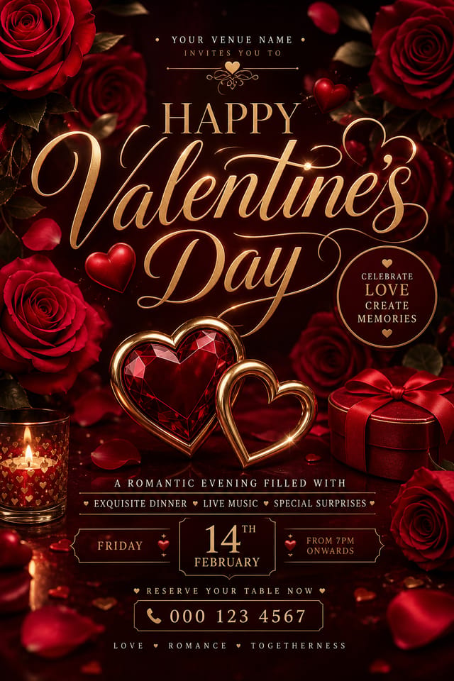 Valentines Day Flyer — elegant style flyer, featuring red roses, hearts, romantic palette, love-themed imagery