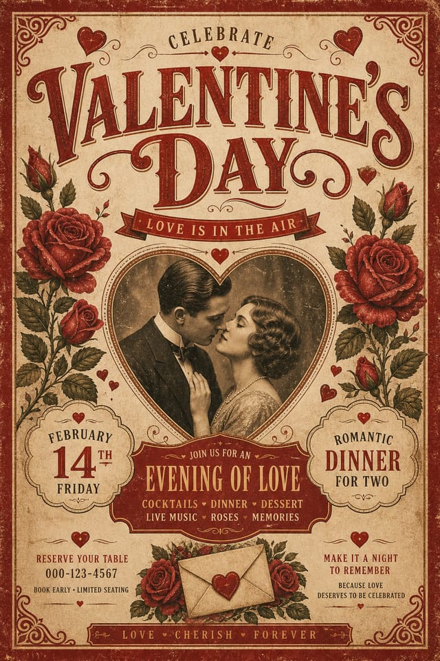Valentines Day Flyer — vintage style flyer, featuring red roses, hearts, romantic palette, love-themed imagery