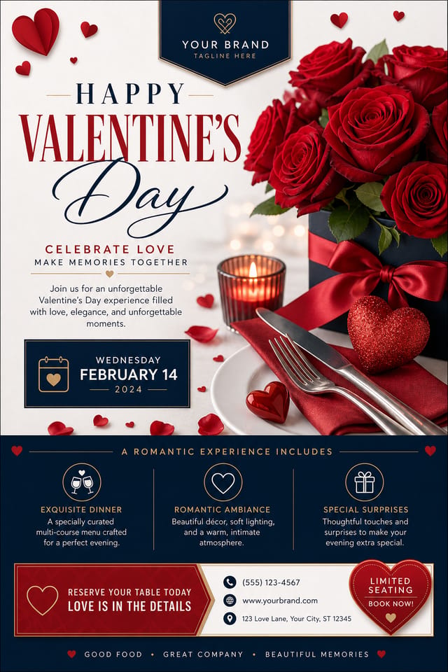 Valentines Day Flyer — corporate style flyer, featuring red roses, hearts, romantic palette, love-themed imagery
