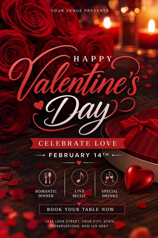 Valentines Day Flyer — photo-realistic style flyer, featuring red roses, hearts, romantic palette, love-themed imagery