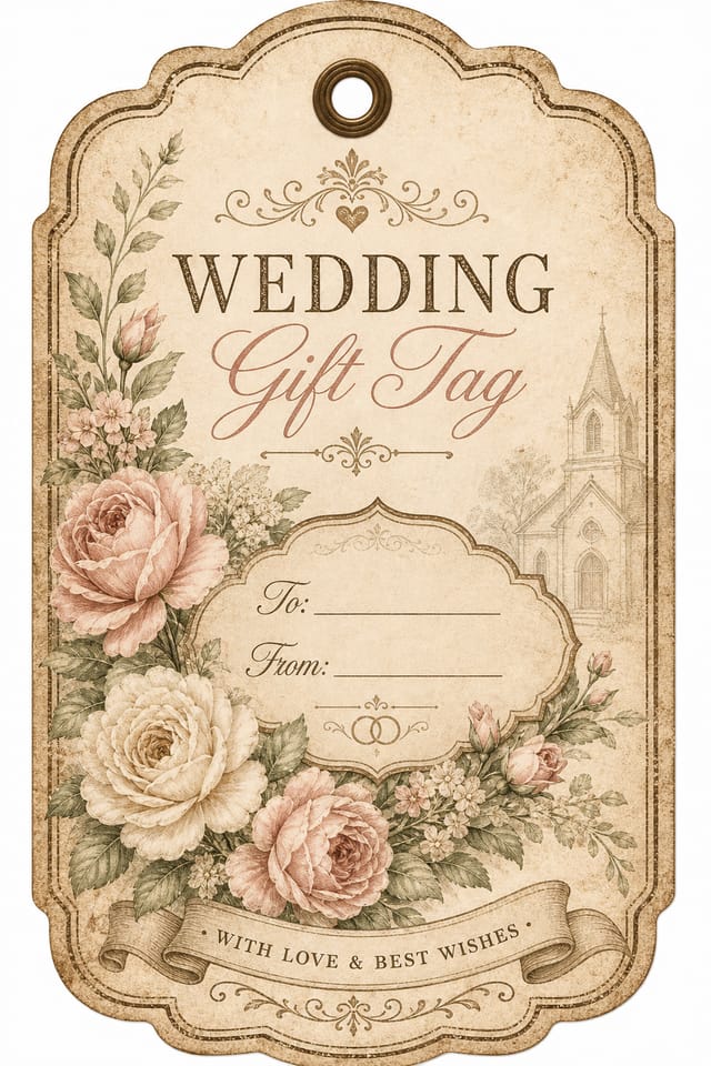 Wedding Gift Tag — vintage style gift tag, featuring romantic floral arrangements, soft pastels (blush, ivory, sage), elegant calligraphy