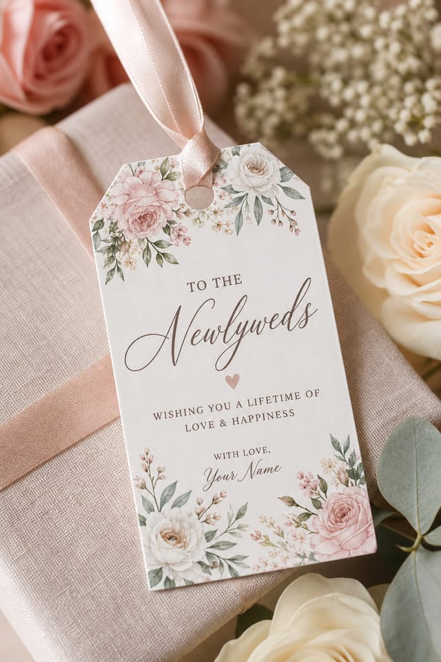 Wedding Gift Tag — photo-realistic style gift tag, featuring romantic floral arrangements, soft pastels (blush, ivory, sage), elegant calligraphy