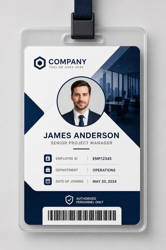 Company ID Card — corporate style id card, featuring corporate office, abstract gradient, navy and white palette