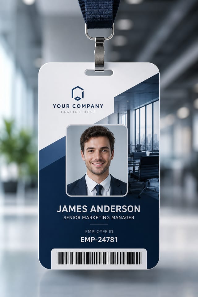 Company ID Card — photo-realistic style id card, featuring corporate office, abstract gradient, navy and white palette