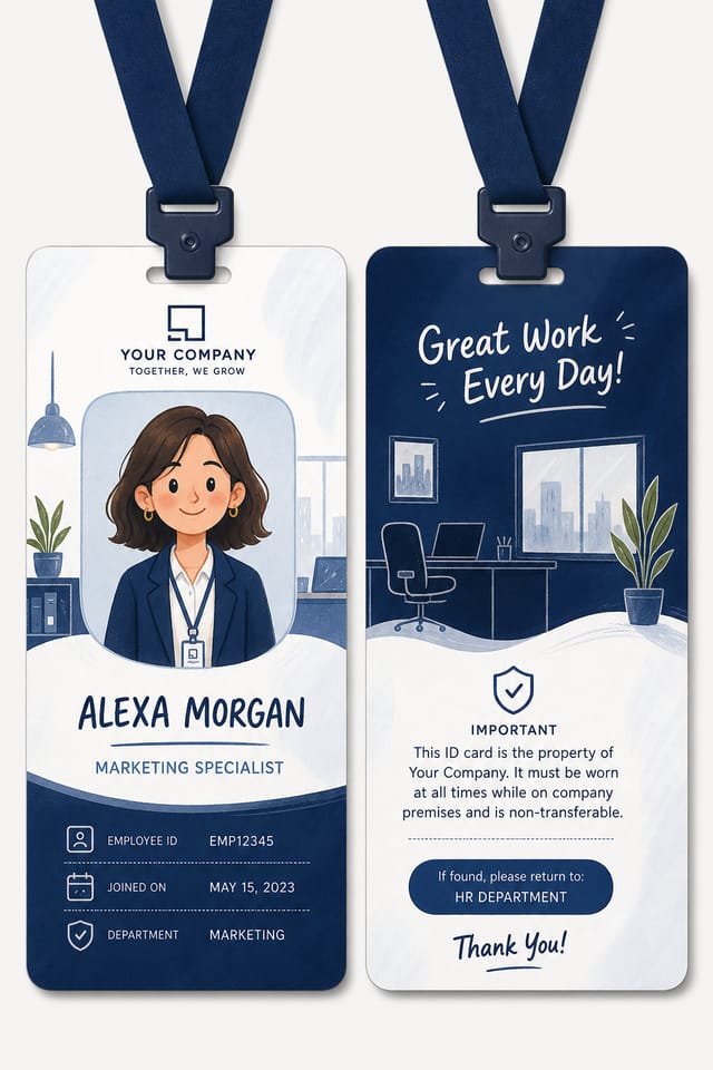 Company ID Card — illustration style id card, featuring corporate office, abstract gradient, navy and white palette