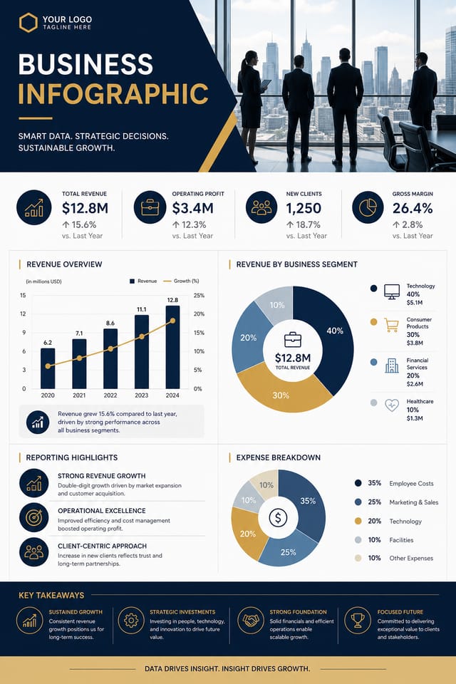Business Infographic — modern style infographic, featuring professional office imagery, suit silhouettes, navy and gold palette